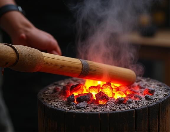 炭火で竹を熱する工程