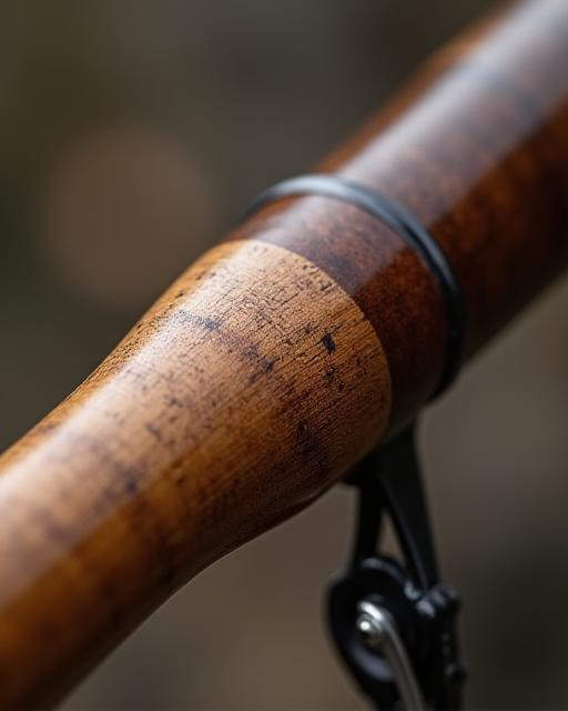 木目が美しいカスタムロッドのグリップ部分
