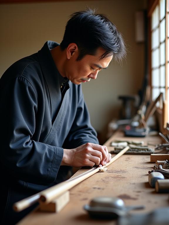工房で釣竿を丁寧に仕上げる職人